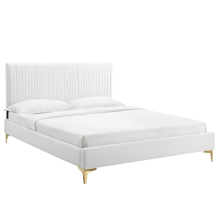 Peyton Performance Velvet Platform Bed With Gold Metal Legs