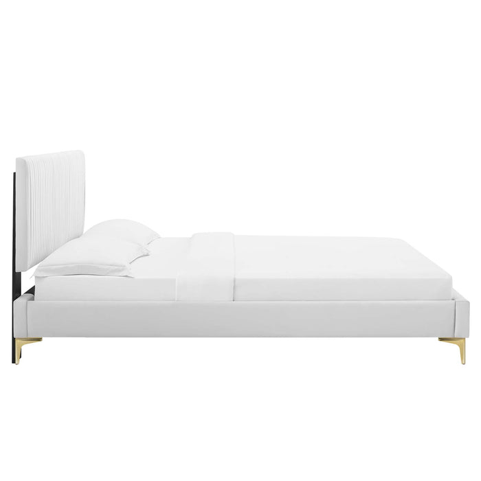 Peyton Performance Velvet Platform Bed With Gold Metal Legs