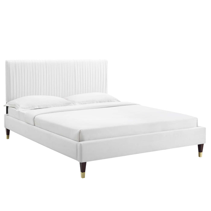 Peyton Performance Velvet Platform Bed With Wood and Gold Legs