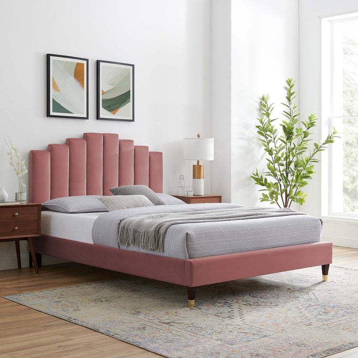 Elise Performance Velvet Platform Bed With Wood and Gold Legs