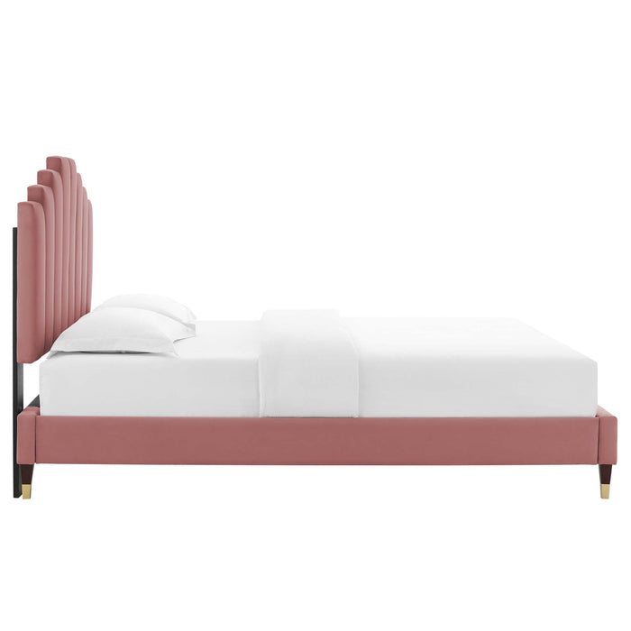 Elise Performance Velvet Platform Bed With Wood and Gold Legs