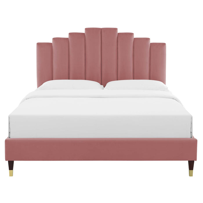 Elise Performance Velvet Platform Bed With Wood and Gold Legs