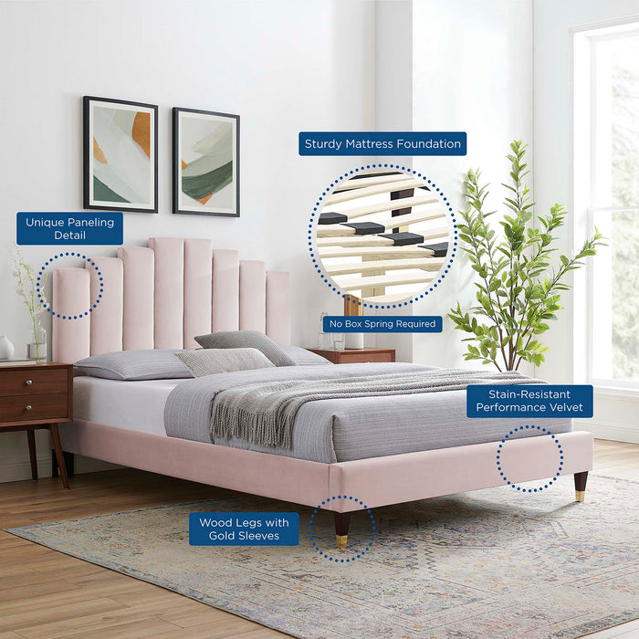 Elise Performance Velvet Platform Bed With Wood and Gold Legs