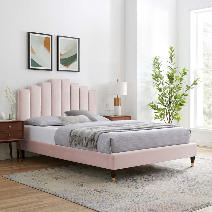 Elise Performance Velvet Platform Bed With Wood and Gold Legs