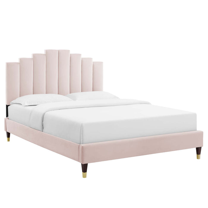 Elise Performance Velvet Platform Bed With Wood and Gold Legs