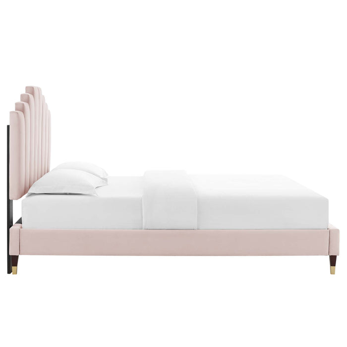 Elise Performance Velvet Platform Bed With Wood and Gold Legs