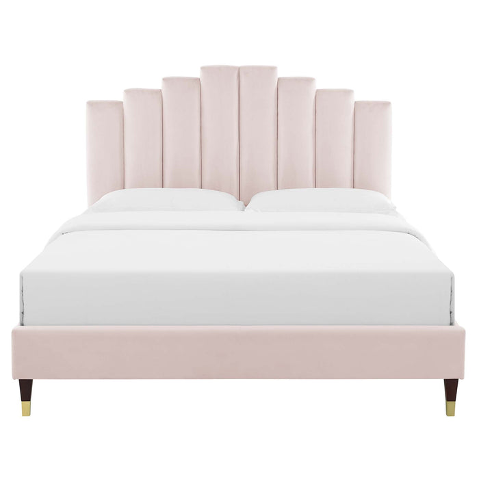 Elise Performance Velvet Platform Bed With Wood and Gold Legs