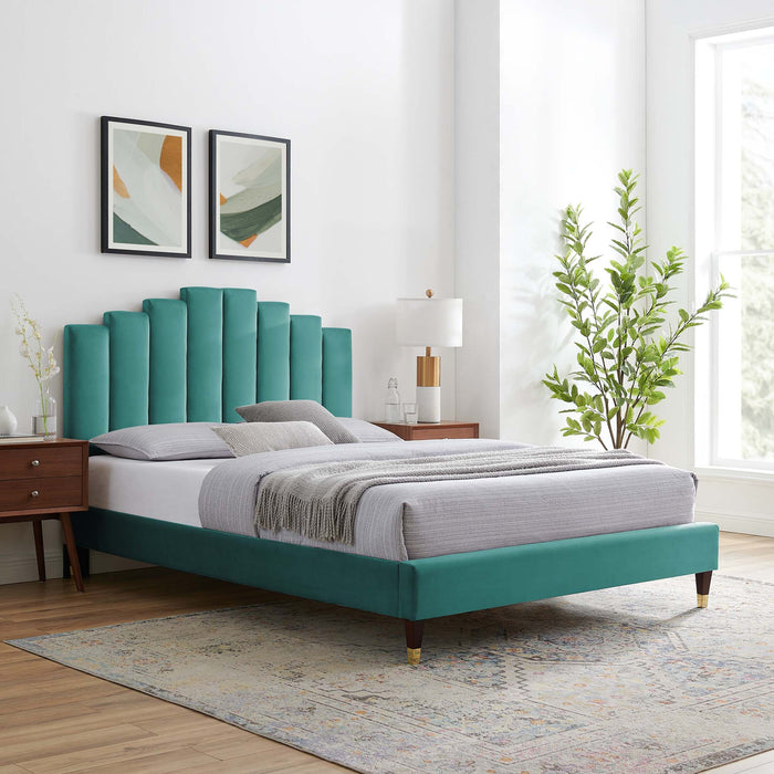 Elise Performance Velvet Platform Bed With Wood and Gold Legs