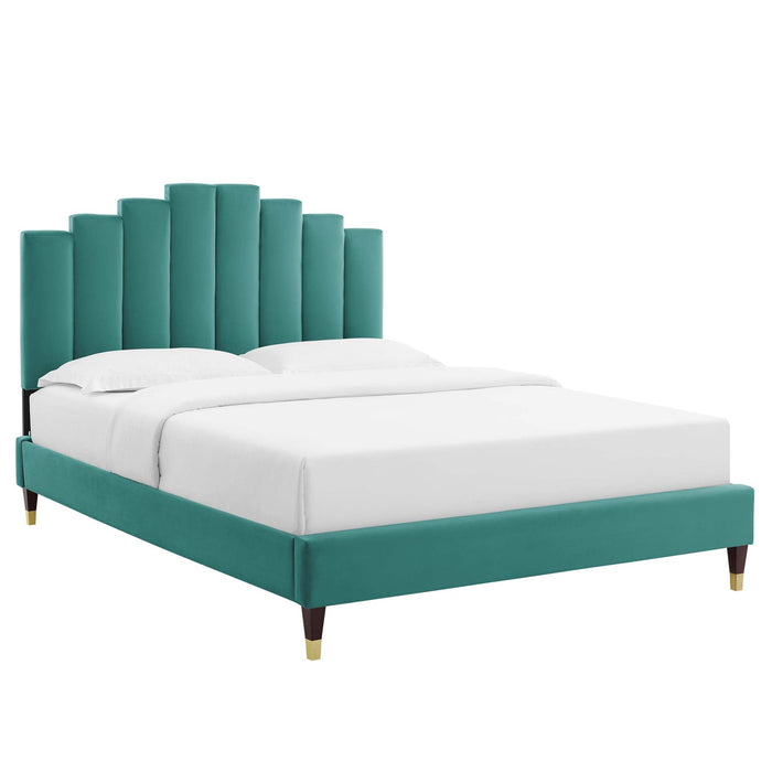 Elise Performance Velvet Platform Bed With Wood and Gold Legs