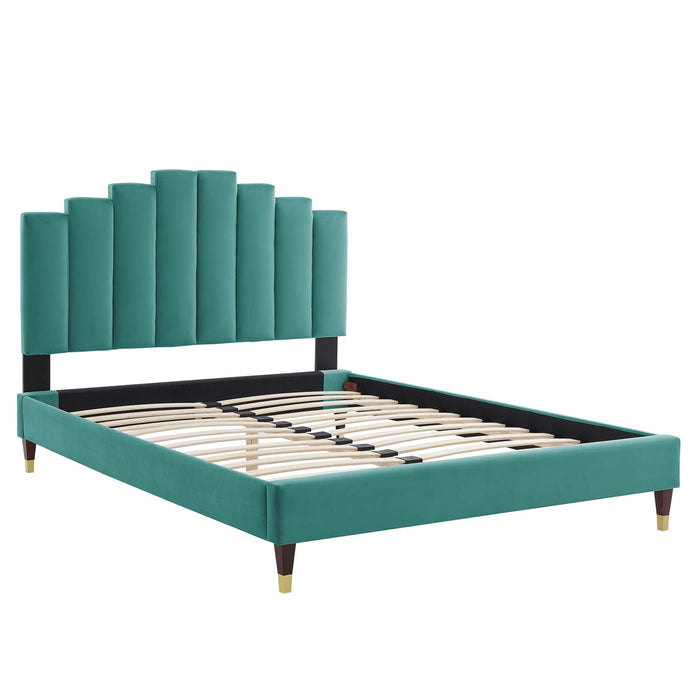 Elise Performance Velvet Platform Bed With Wood and Gold Legs