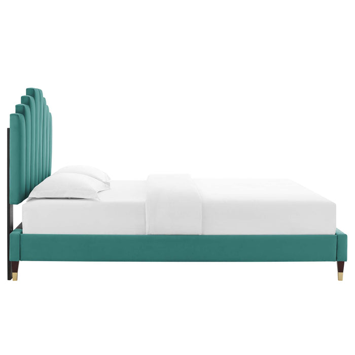 Elise Performance Velvet Platform Bed With Wood and Gold Legs