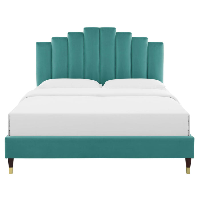 Elise Performance Velvet Platform Bed With Wood and Gold Legs