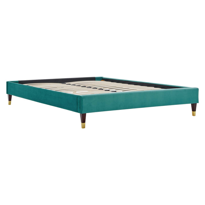 Elise Performance Velvet Platform Bed With Wood and Gold Legs