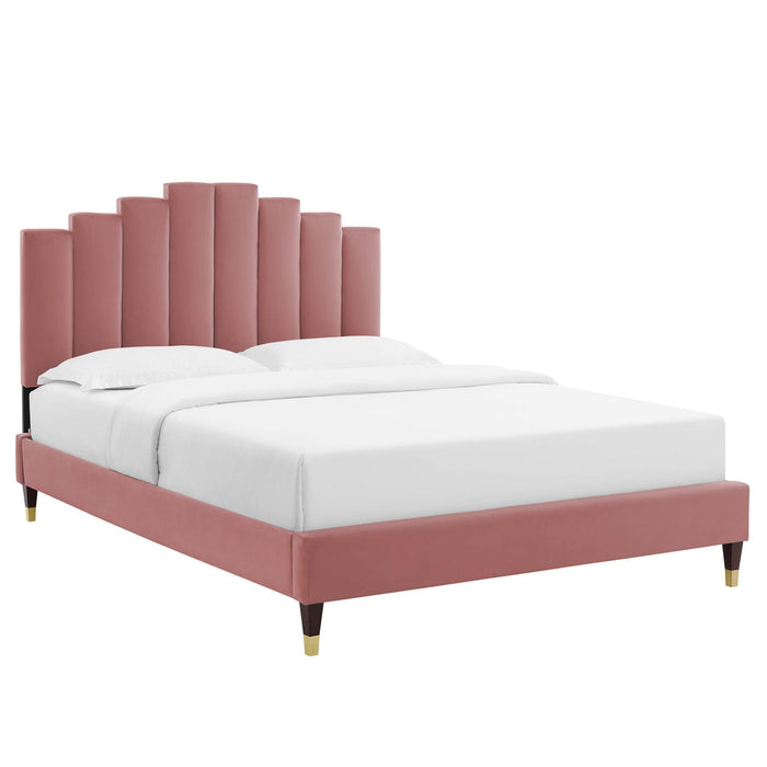Elise Performance Velvet Platform Bed With Wood and Gold Legs