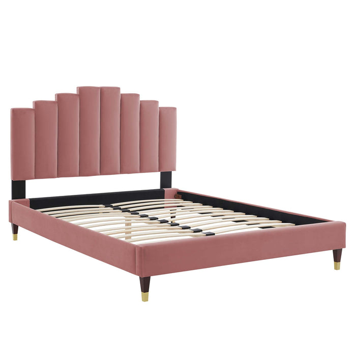 Elise Performance Velvet Platform Bed With Wood and Gold Legs