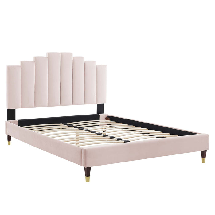 Elise Performance Velvet Platform Bed With Wood and Gold Legs