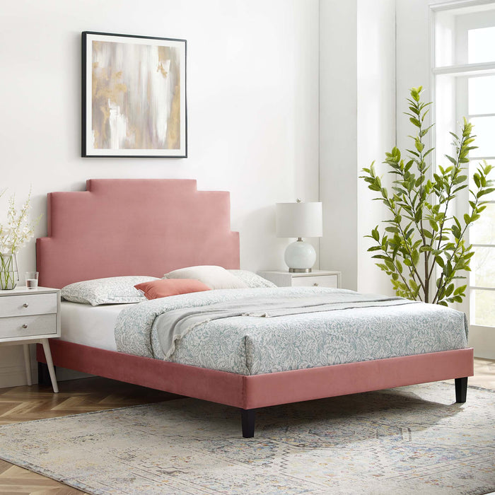 Lindsey Performance Velvet Platform Bed With Black Wood Legs