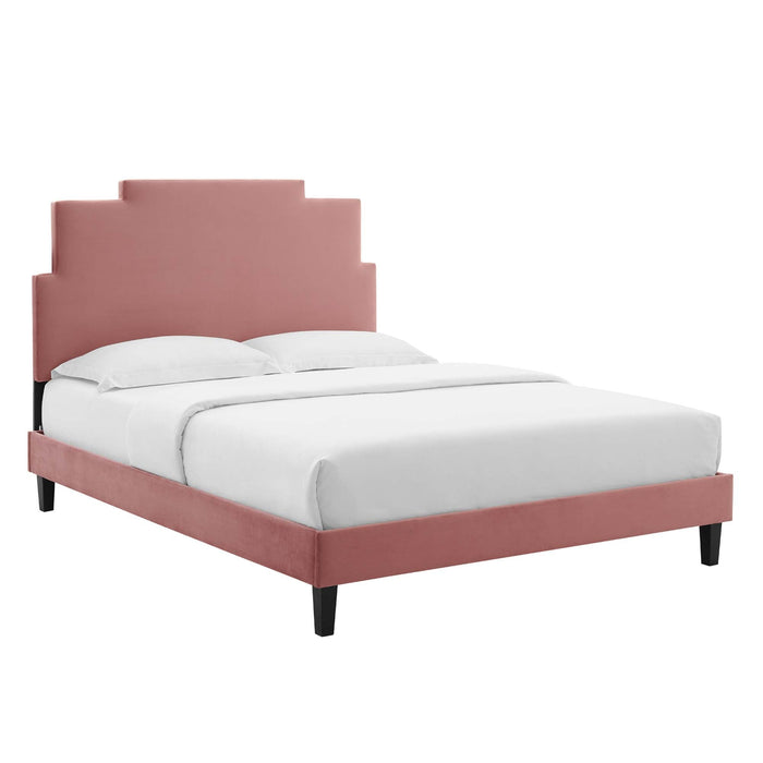 Lindsey Performance Velvet Platform Bed With Black Wood Legs