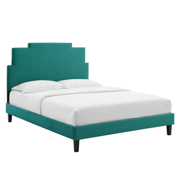 Lindsey Performance Velvet Platform Bed With Black Wood Legs