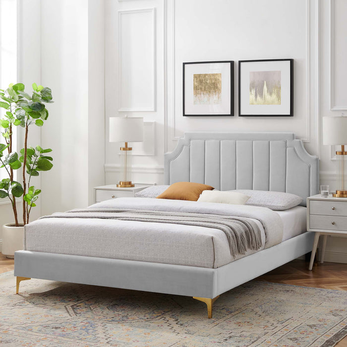 Sienna Performance Velvet Platform Bed With Gold Metal Legs