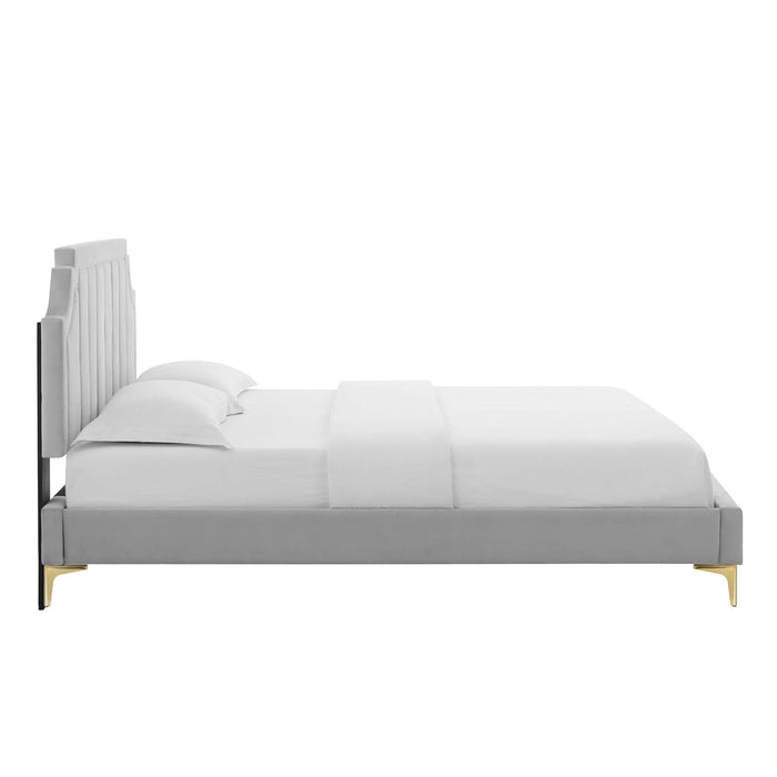 Sienna Performance Velvet Platform Bed With Gold Metal Legs