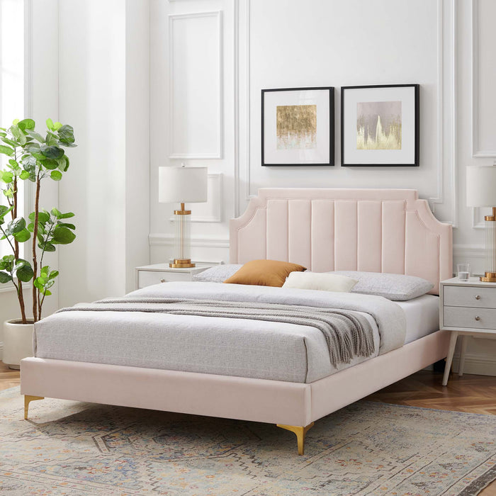 Sienna Performance Velvet Platform Bed With Gold Metal Legs