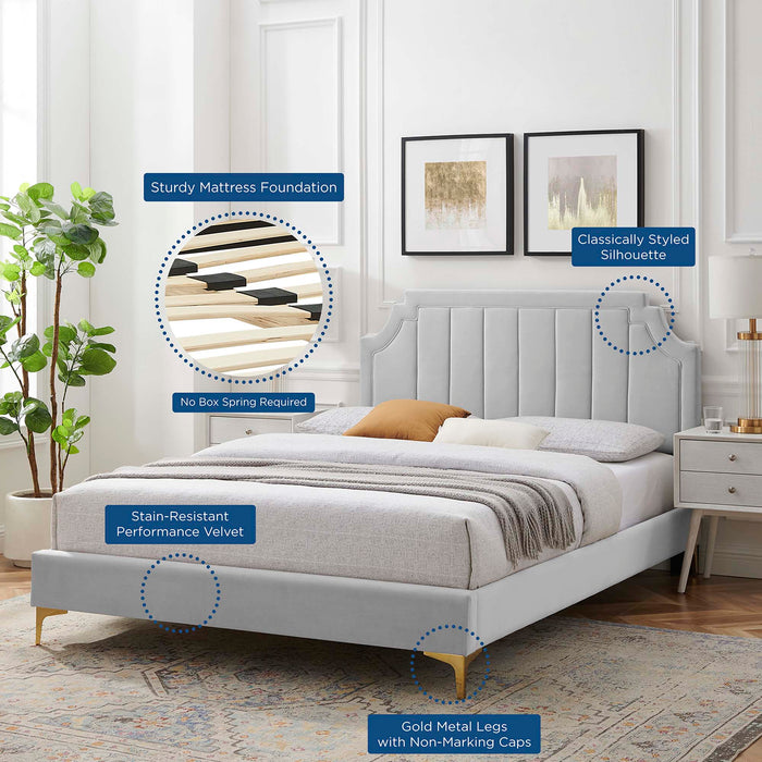 Sienna Performance Velvet Platform Bed With Gold Metal Legs