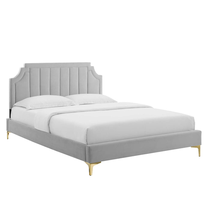 Sienna Performance Velvet Platform Bed With Gold Metal Legs