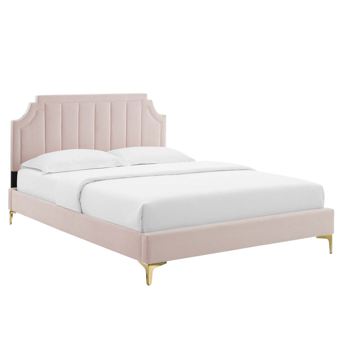 Sienna Performance Velvet Platform Bed With Gold Metal Legs