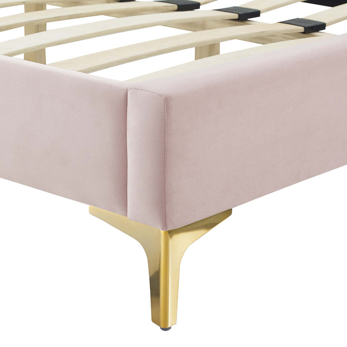 Sienna Performance Velvet Platform Bed With Gold Metal Legs