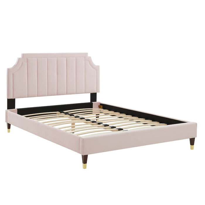 Sienna Performance Velvet Platform Bed With Wood and Gold Legs