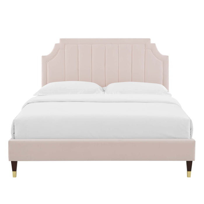 Sienna Performance Velvet Platform Bed With Wood and Gold Legs