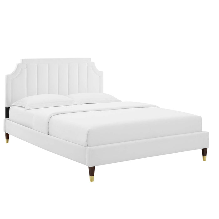 Sienna Performance Velvet Platform Bed With Wood and Gold Legs