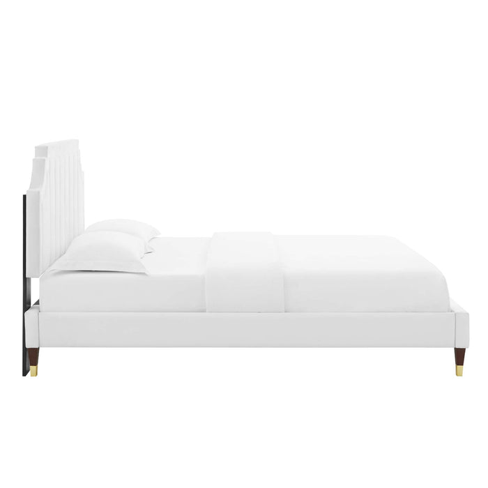 Sienna Performance Velvet Platform Bed With Wood and Gold Legs