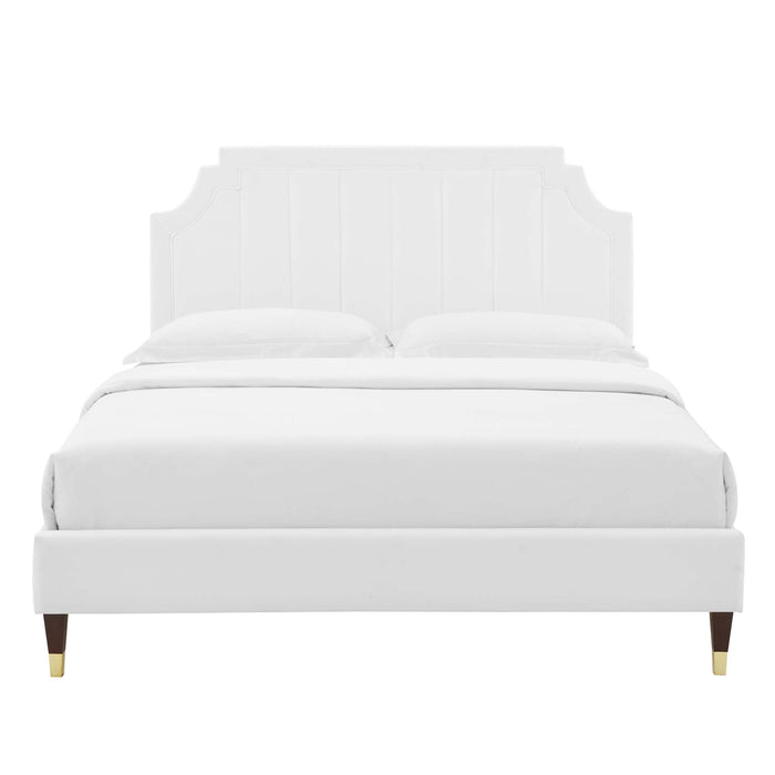 Sienna Performance Velvet Platform Bed With Wood and Gold Legs