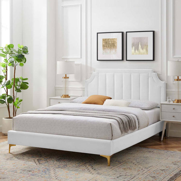 Sienna Performance Velvet Platform Bed With Gold Metal Legs