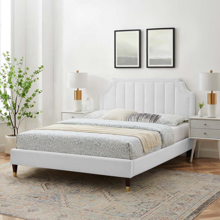 Sienna Performance Velvet Platform Bed With Wood and Gold Legs