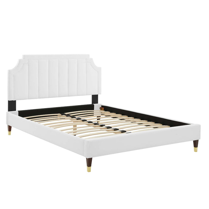 Sienna Performance Velvet Platform Bed With Wood and Gold Legs
