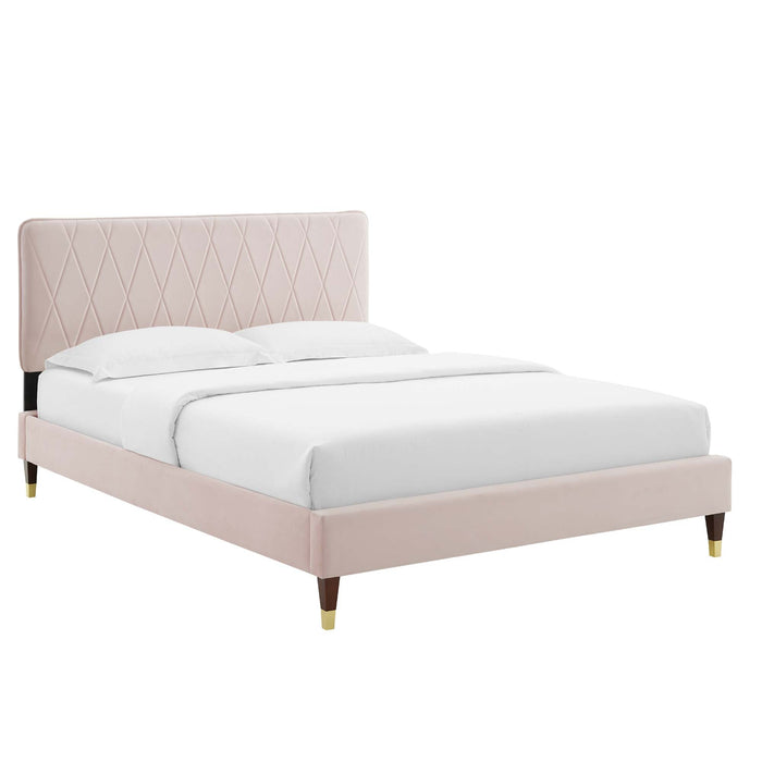 Phillipa Performance Velvet Platform Bed With Wood and Gold Legs