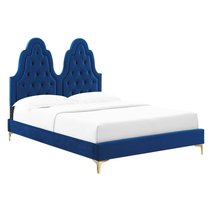 Alexandria Tufted Performance Velvet Platform Bed With Gold Legs