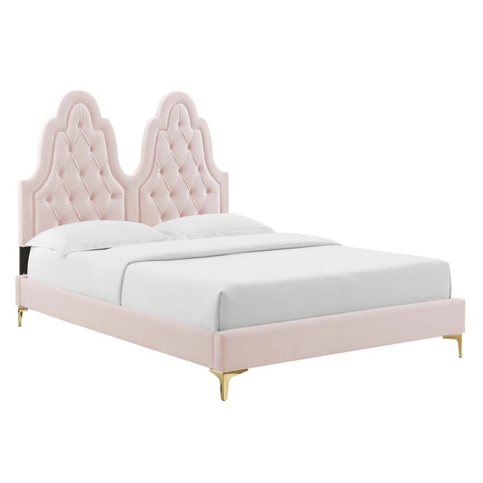 Alexandria Tufted Performance Velvet Platform Bed With Gold Legs