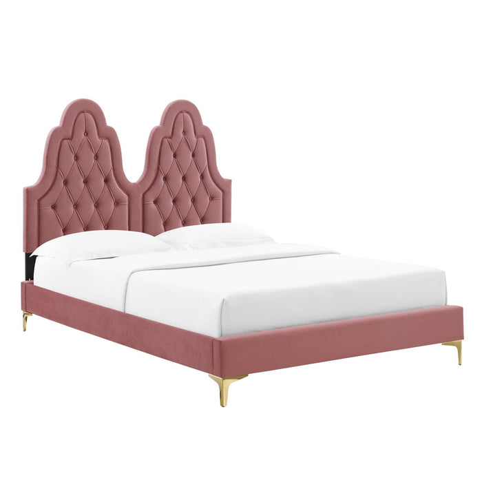 Alexandria Tufted Performance Velvet Platform Bed With Gold Legs