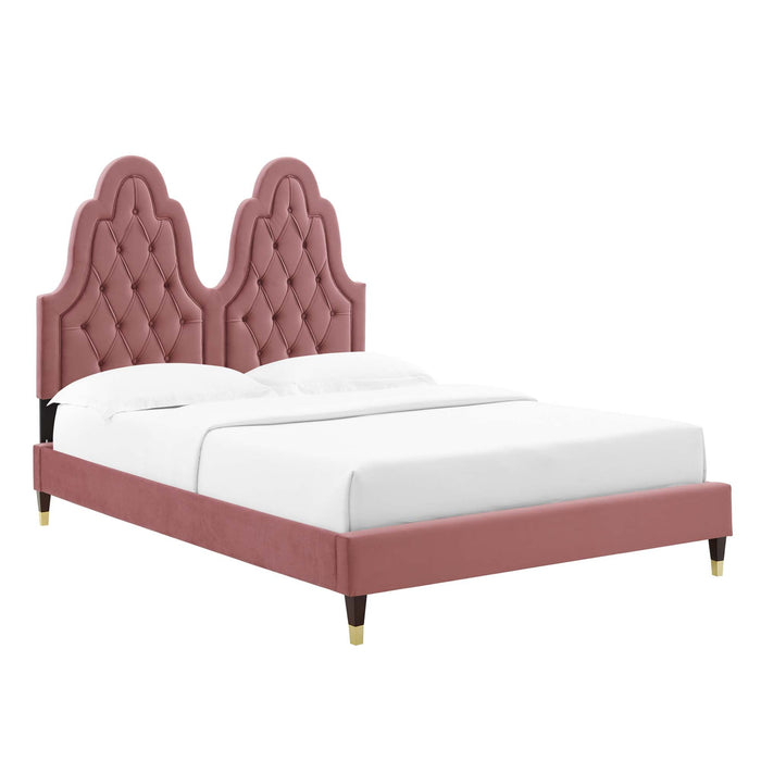 Alexandria Tufted Performance Velvet Platform Bed With Wood and Gold Legs
