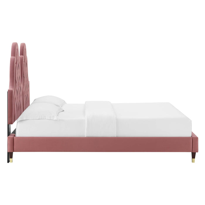 Alexandria Tufted Performance Velvet Platform Bed With Wood and Gold Legs