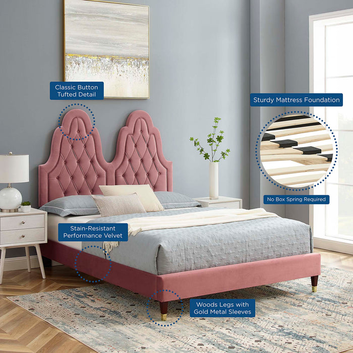 Alexandria Tufted Performance Velvet Platform Bed With Wood and Gold Legs