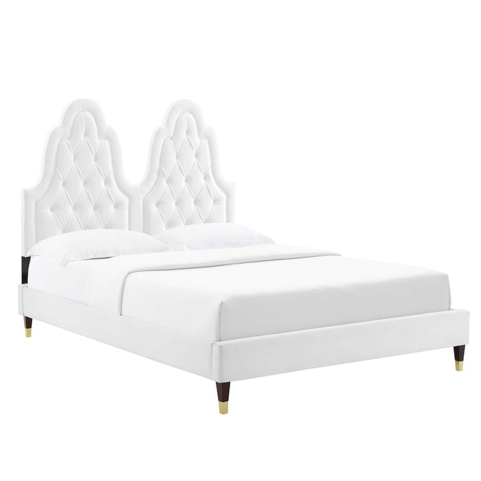 Alexandria Tufted Performance Velvet Platform Bed With Wood and Gold Legs