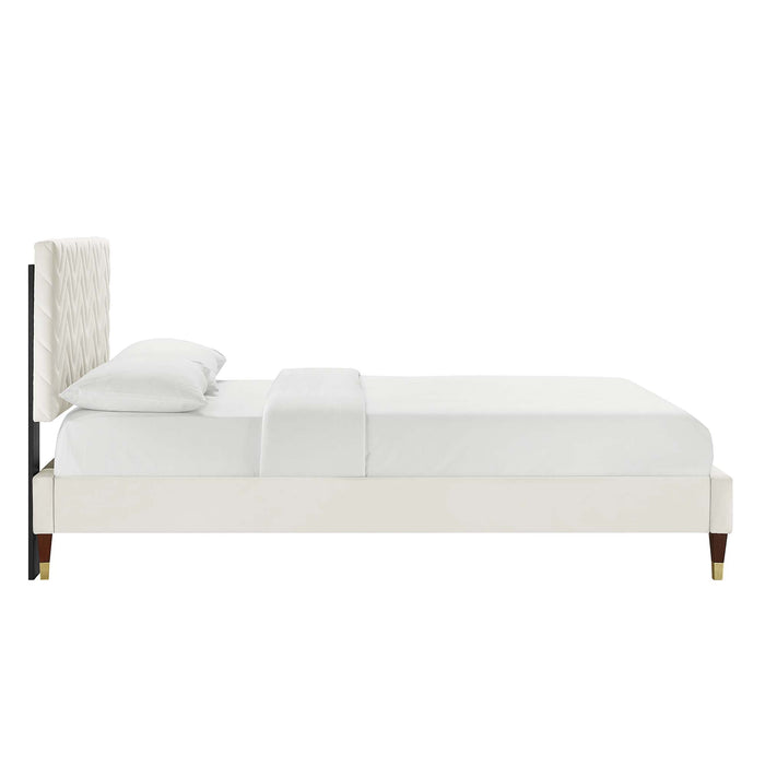 Leah Chevron Tufted Performance Velvet Platform Bed With Wood and Gold Legs