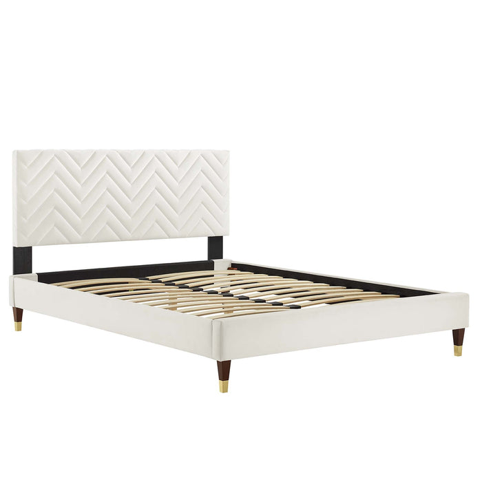 Leah Chevron Tufted Performance Velvet Platform Bed With Wood and Gold Legs