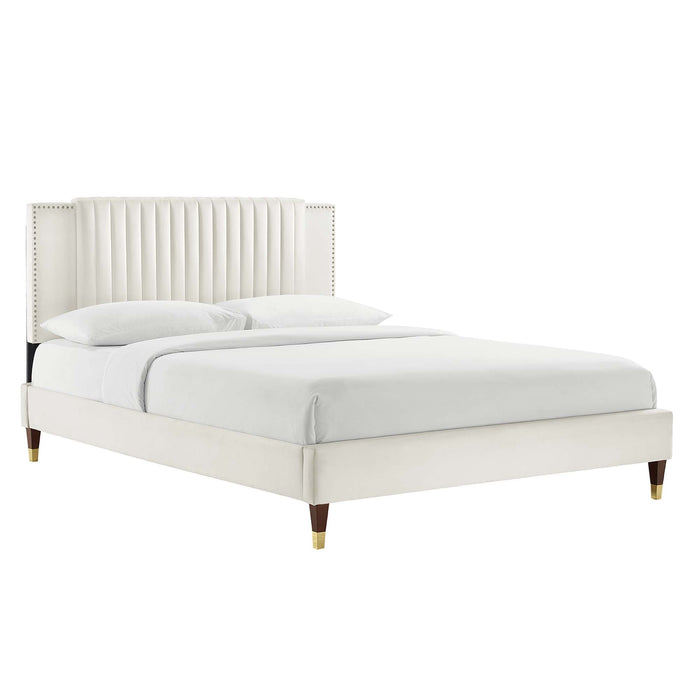 Zahra Channel Tufted Performance Velvet Platform Bed With Wood and Gold Legs
