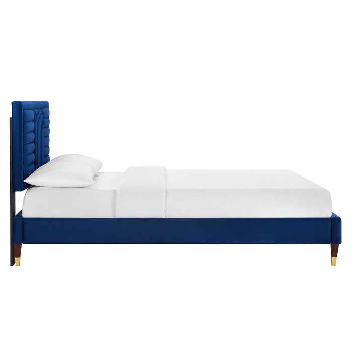 Modway Sofia Channel Tufted Performance Velvet Platform Bed With Wood and Gold Legs Bedroom Furniture - View 19